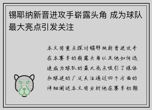 锡耶纳新晋进攻手崭露头角 成为球队最大亮点引发关注