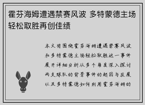 霍芬海姆遭遇禁赛风波 多特蒙德主场轻松取胜再创佳绩