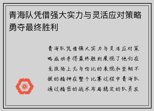 青海队凭借强大实力与灵活应对策略勇夺最终胜利